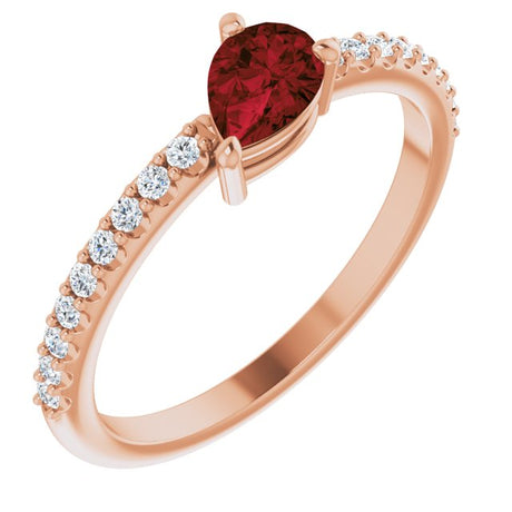14K Gold Pear Natural Mozambique Garnet & Natural Diamond Stackable Accented Ring - Rose Gold