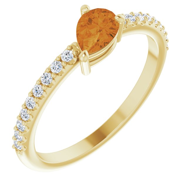 14K Gold Pear Natural Citrine & Natural Diamond Stackable Accented Ring - Yellow Gold