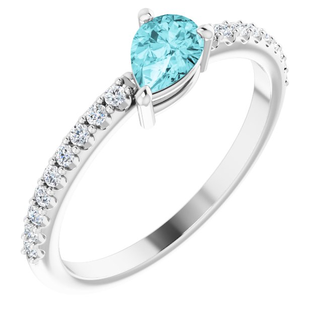 14K Gold Pear Natural Blue Zircon & Natural Diamond Stackable Accented Ring - White Gold