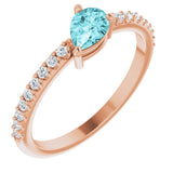 14K Gold Pear Natural Blue Zircon & Natural Diamond Stackable Accented Ring - Rose Gold