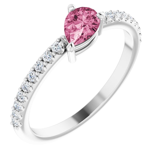 Platinum Pear Natural Pink Tourmaline & Natural Diamond Stackable Accented Ring