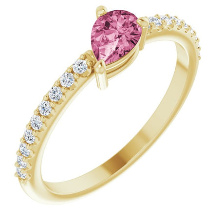 14K Gold Pear Natural Pink Tourmaline & Natural Diamond Stackable Accented Ring - Yellow Gold