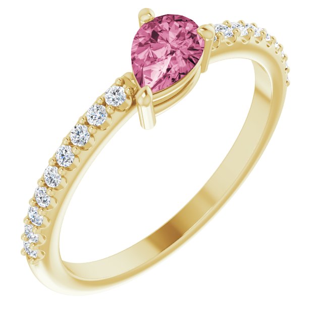 14K Gold Pear Natural Pink Tourmaline & Natural Diamond Stackable Accented Ring - Yellow Gold