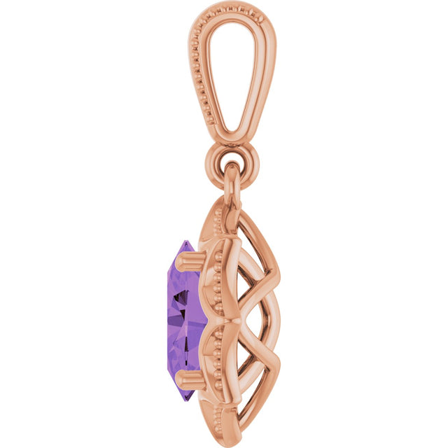 14K Gold Oval Natural Amethyst Beaded Solitaire Pendant - Rose Gold - view 3