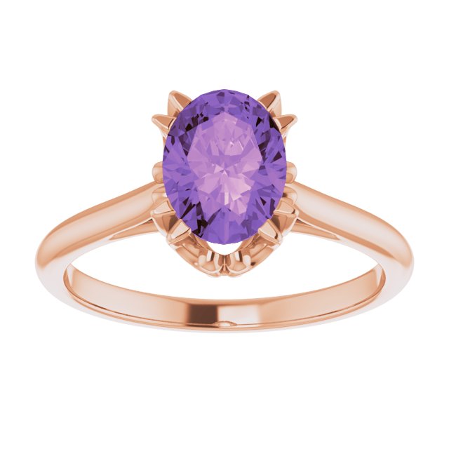 14K Gold Oval Natural Amethyst Solitaire Ring – 6-10mm Stones - Rose Gold - view 3