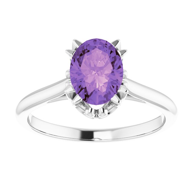 14K Gold Oval Natural Amethyst Solitaire Ring – 6-10mm Stones - White Gold - view 3