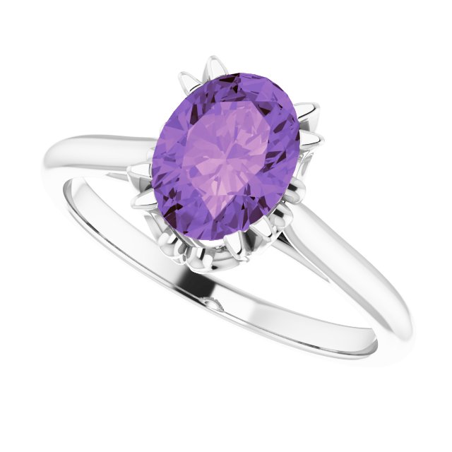 14K Gold Oval Natural Amethyst Solitaire Ring – 6-10mm Stones - White Gold - view 5