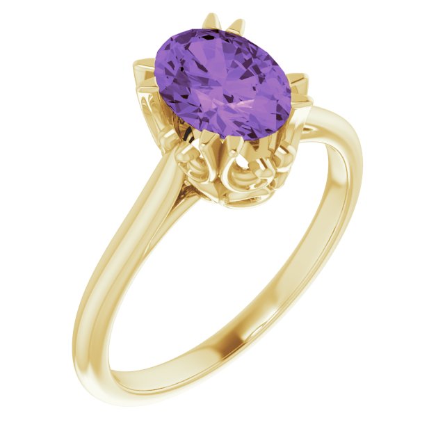14K Gold Oval Natural Amethyst Solitaire Ring – 6-10mm Stones - Yellow Gold
