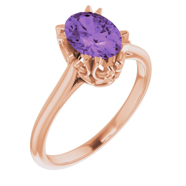 14K Gold Oval Natural Amethyst Solitaire Ring – 6-10mm Stones - Rose Gold