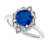 14K Gold Round Lab-Grown Blue Sapphire & Natural Diamond Vintage-Inspired Ring - White Gold - view 5