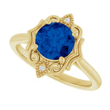 14K Gold Round Lab-Grown Blue Sapphire & Natural Diamond Vintage-Inspired Ring - Yellow Gold - view 5