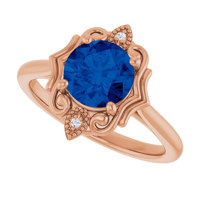 14K Gold Round Lab-Grown Blue Sapphire & Natural Diamond Vintage-Inspired Ring - Rose Gold - view 5