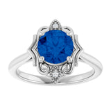 14K Gold Round Lab-Grown Blue Sapphire & Natural Diamond Vintage-Inspired Ring - White Gold - view 3