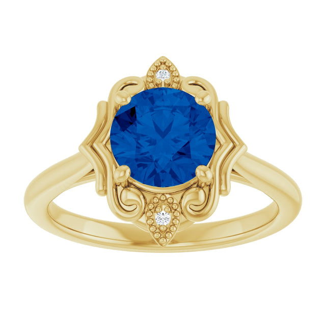 14K Gold Round Lab-Grown Blue Sapphire & Natural Diamond Vintage-Inspired Ring - Yellow Gold - view 3
