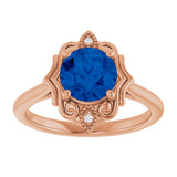 14K Gold Round Lab-Grown Blue Sapphire & Natural Diamond Vintage-Inspired Ring - Rose Gold - view 3