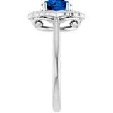14K Gold Round Lab-Grown Blue Sapphire & Natural Diamond Vintage-Inspired Ring - White Gold - view 4