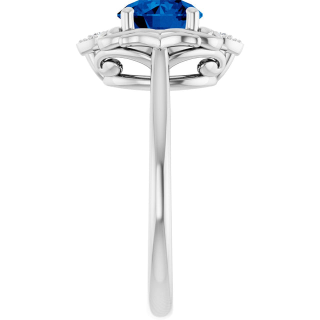 Platinum Round Lab-Grown Blue Sapphire & Natural Diamond Vintage-Inspired Ring - view 4