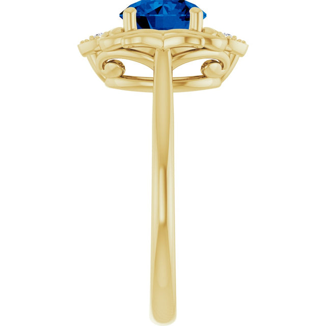 14K Gold Round Lab-Grown Blue Sapphire & Natural Diamond Vintage-Inspired Ring - Yellow Gold - view 4