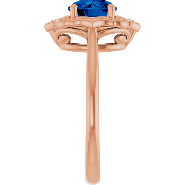14K Gold Round Lab-Grown Blue Sapphire & Natural Diamond Vintage-Inspired Ring - Rose Gold - view 4