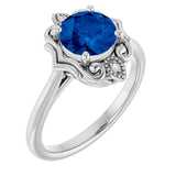 Platinum Round Lab-Grown Blue Sapphire & Natural Diamond Vintage-Inspired Ring