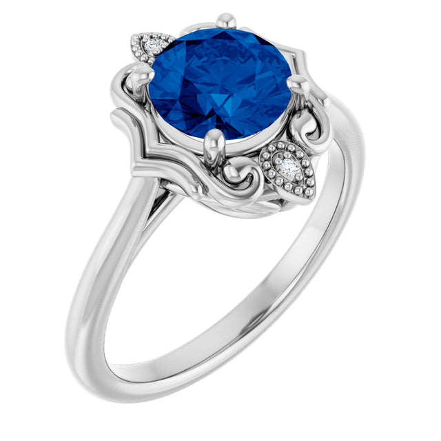 Platinum Round Lab-Grown Blue Sapphire & Natural Diamond Vintage-Inspired Ring