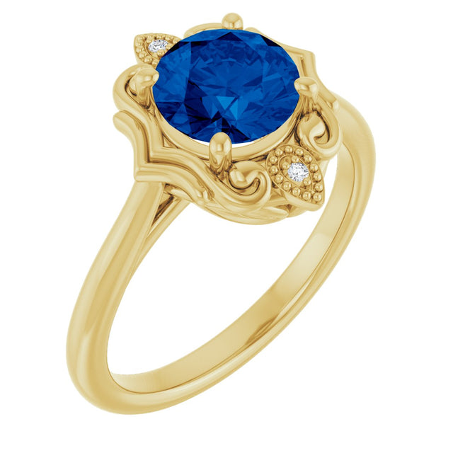 14K Gold Round Lab-Grown Blue Sapphire & Natural Diamond Vintage-Inspired Ring - Yellow Gold