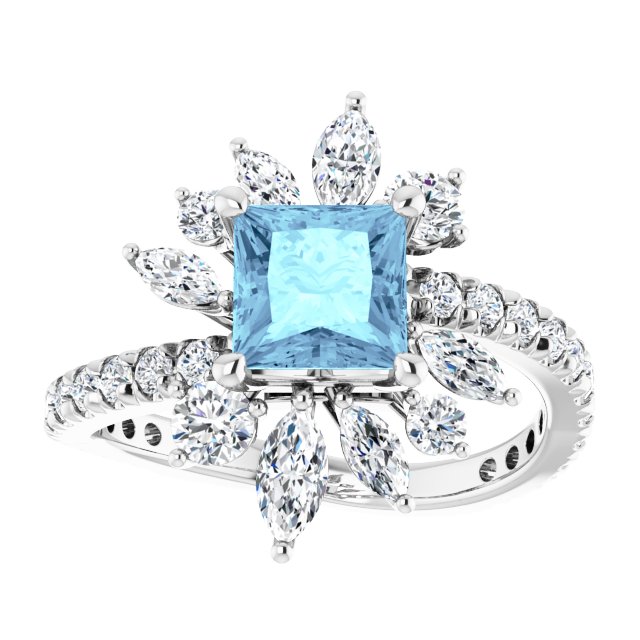 Platinum Square Natural Aquamarine & Natural Diamond Halo-Style Ring - view 3