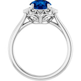 14K Gold Round Lab-Grown Blue Sapphire & Natural Diamond Vintage-Inspired Ring - White Gold - view 2