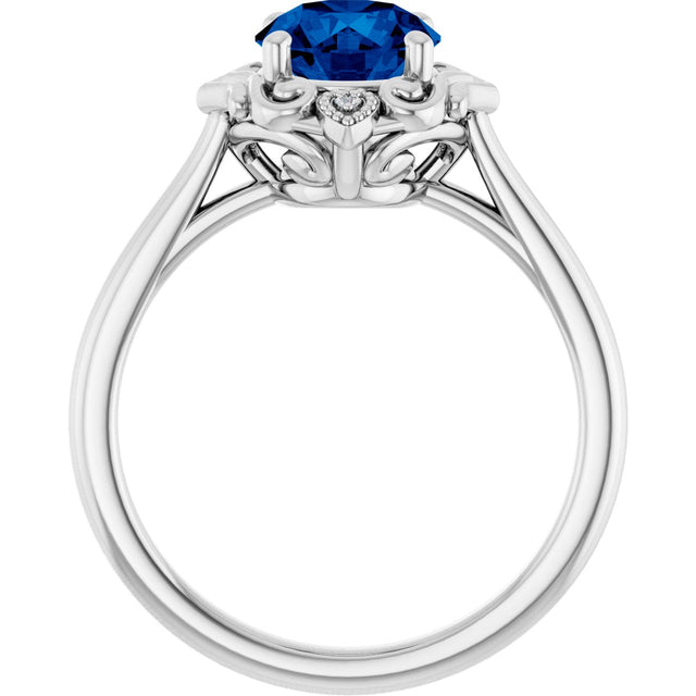 14K Gold Round Lab-Grown Blue Sapphire & Natural Diamond Vintage-Inspired Ring - White Gold - view 2
