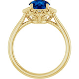 14K Gold Round Lab-Grown Blue Sapphire & Natural Diamond Vintage-Inspired Ring - Yellow Gold - view 2