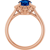 14K Gold Round Lab-Grown Blue Sapphire & Natural Diamond Vintage-Inspired Ring - Rose Gold - view 2