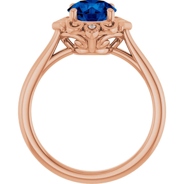 14K Gold Round Lab-Grown Blue Sapphire & Natural Diamond Vintage-Inspired Ring - Rose Gold - view 2