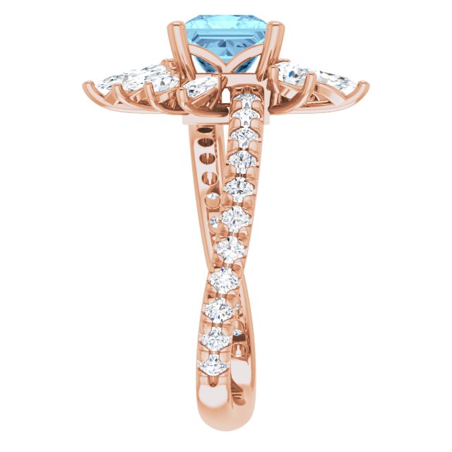 14K Gold Square Natural Aquamarine & Natural Diamond Halo-Style Ring - Rose Gold - view 4