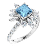 Platinum Square Natural Aquamarine & Natural Diamond Halo-Style Ring