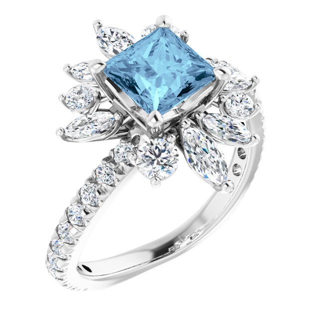 Platinum Square Natural Aquamarine & Natural Diamond Halo-Style Ring