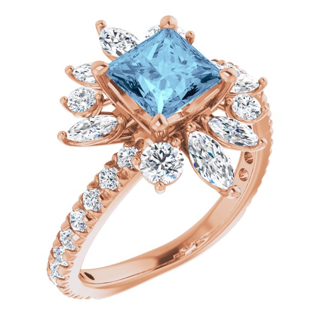 14K Gold Square Natural Aquamarine & Natural Diamond Halo-Style Ring - Rose Gold
