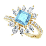 14K Gold Square Natural Aquamarine & Natural Diamond Halo-Style Ring - Yellow Gold - view 5