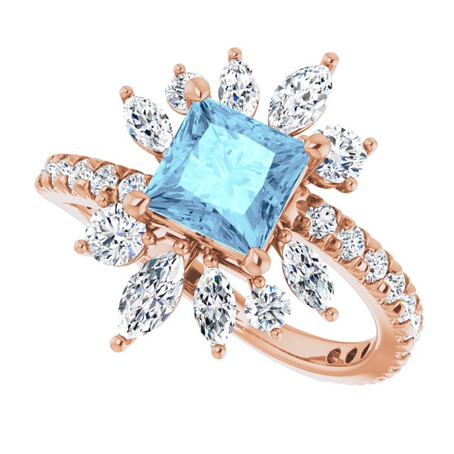 14K Gold Square Natural Aquamarine & Natural Diamond Halo-Style Ring - Rose Gold - view 5