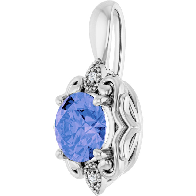 Platinum Round Natural Tanzanite & Natural Diamond Accented Pendant - view 2