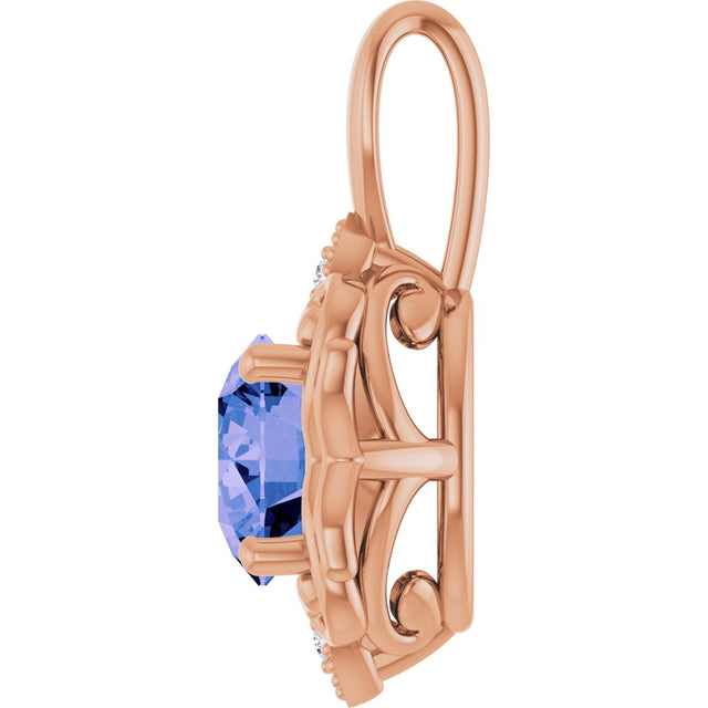 14K Gold Round Natural Tanzanite & Natural Diamond Accented Pendant - Rose Gold - view 3