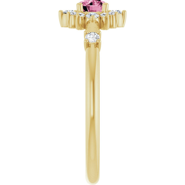 14K Gold Oval Natural Pink Tourmaline Halo-Style Ring - Yellow Gold - view 14