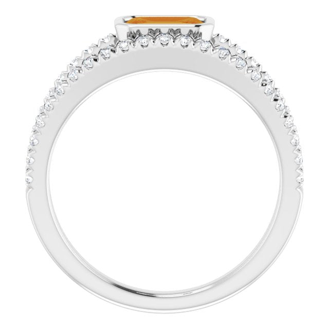 14K Gold Emerald Natural Citrine & Natural Diamond Bezel-Set Accented Ring - White Gold - view 2