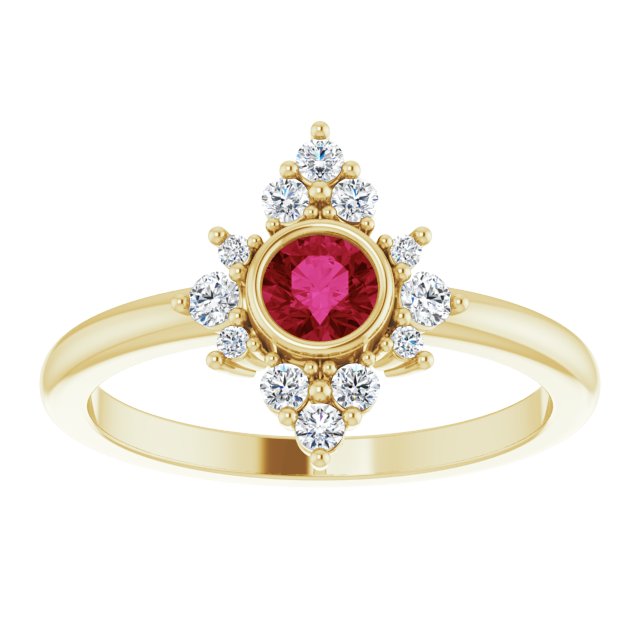 14K Gold Round Natural Ruby Halo-Style Ring - Yellow Gold - view 8
