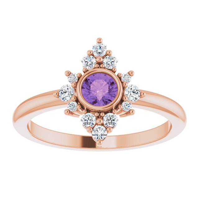 14K Gold Round Natural Amethyst Halo-Style Ring – 4mm Stones - Rose Gold - view 8