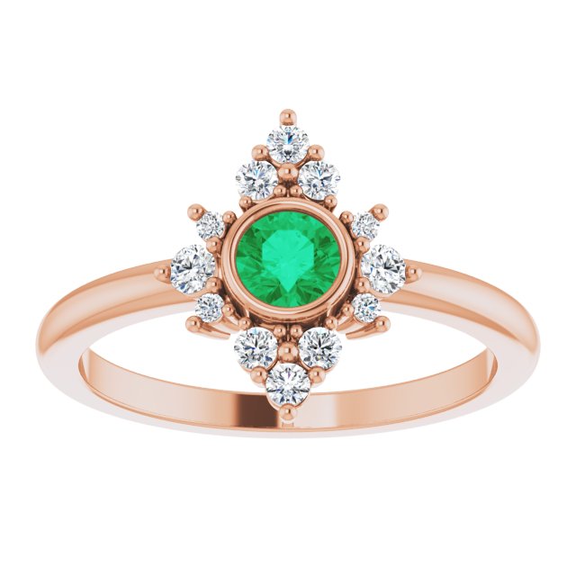 14K Gold Round Natural Emerald Halo-Style Ring - Rose Gold - view 8