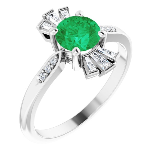 14K Gold Round Natural Emerald & Natural Diamond Accented Ring II - White Gold