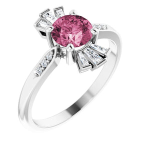 14K Gold Round Natural Pink Tourmaline & Natural Diamond Accented Ring – 6mm Stones - White Gold