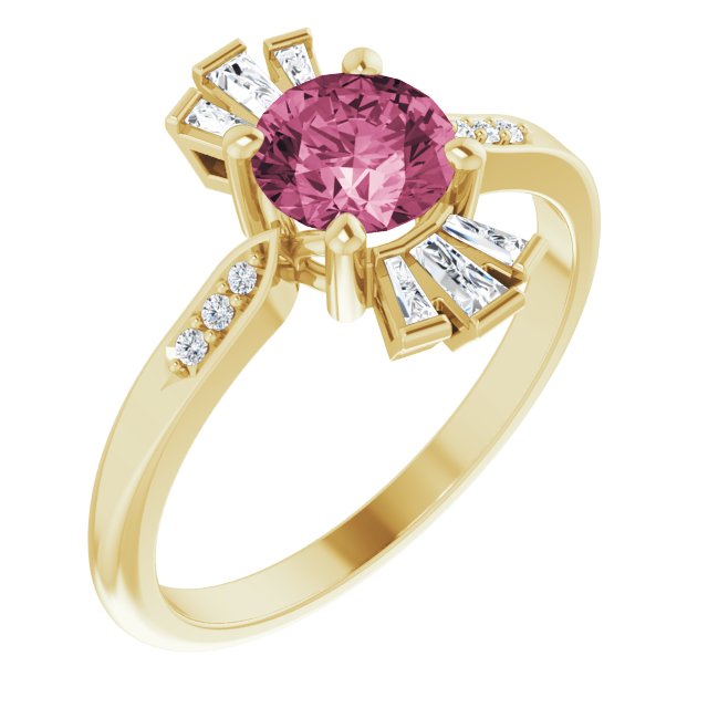14K Gold Round Natural Pink Tourmaline & Natural Diamond Accented Ring – 6mm Stones - Yellow Gold