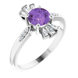 14K Gold Round Natural Amethyst & Natural Diamond Accented Ring II - White Gold