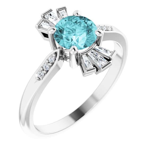 14K Gold Round Natural Blue Zircon & Natural Diamond Accented Ring II - White Gold